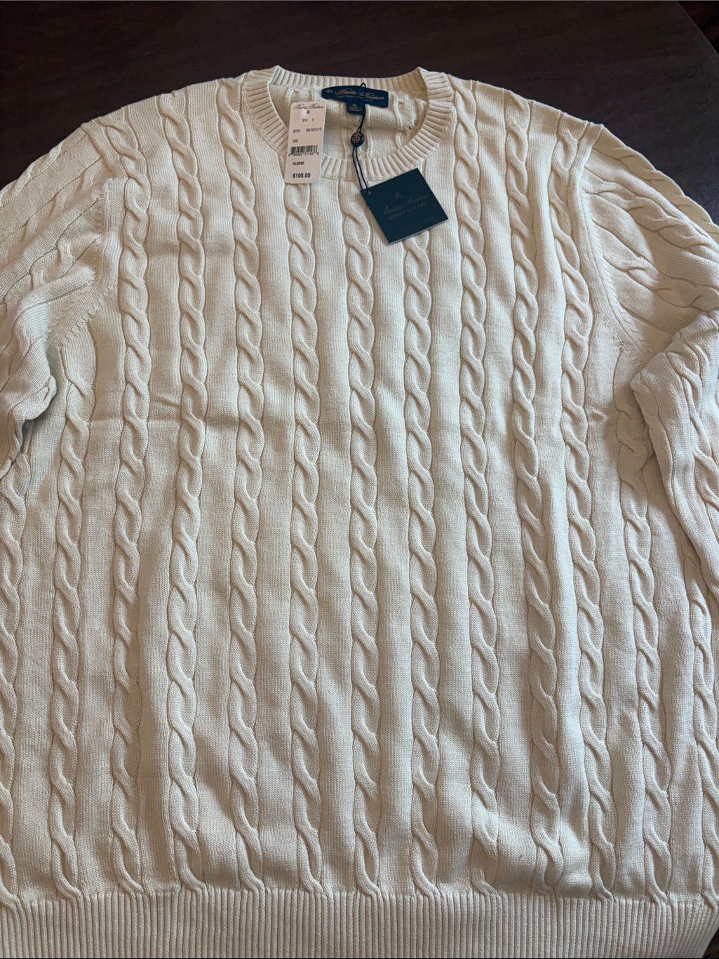 Nwt! Men’s Brooks Brothers Cream Cable-Knit Crewneck Sweater.